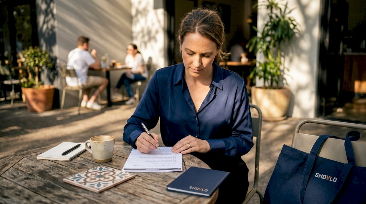Hands marking off-market listing checklist at home desk