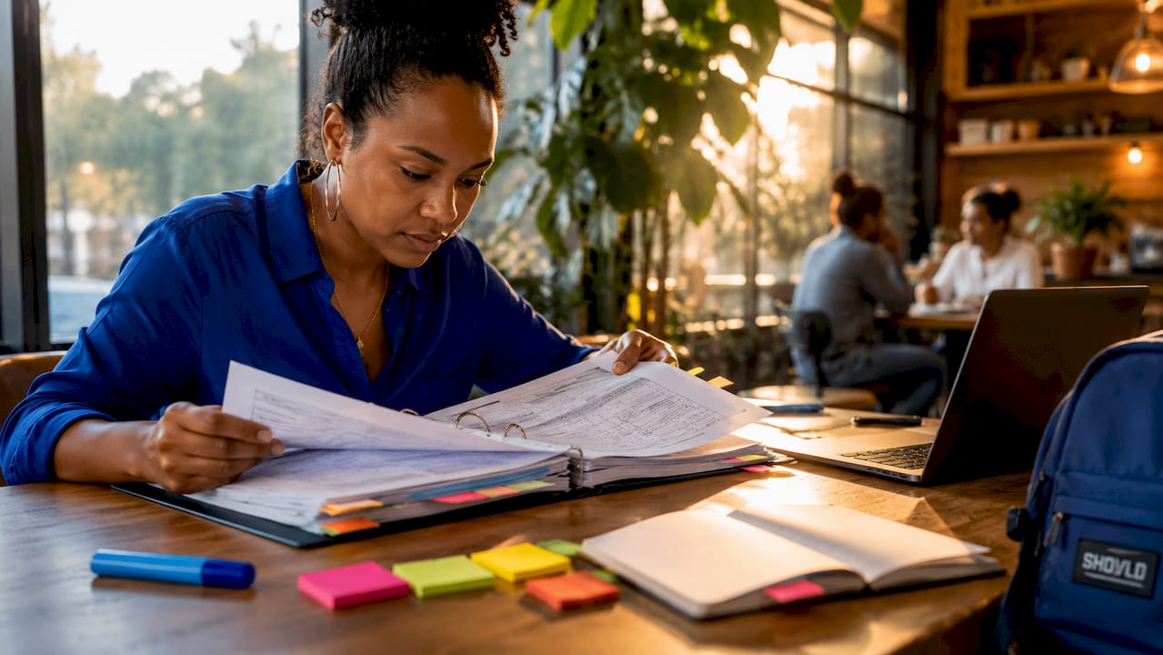 Woman examining public property records in office