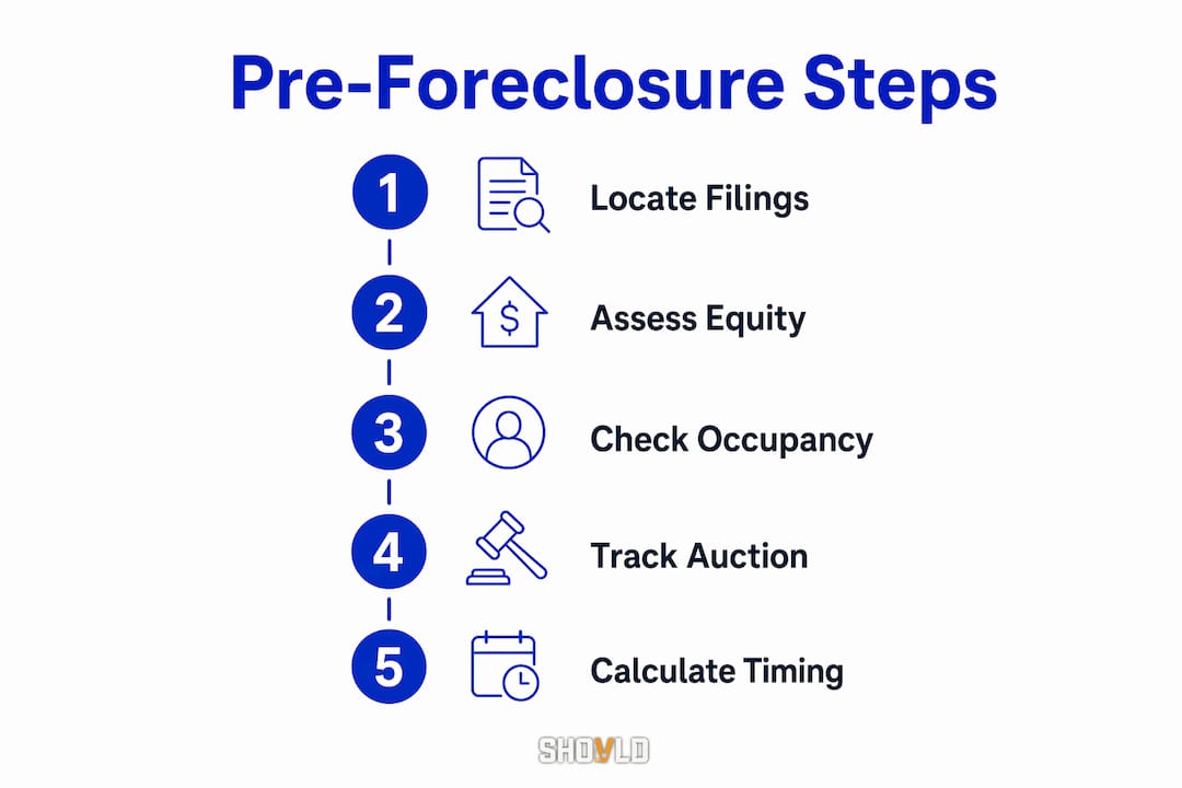 Infographic illustrating key pre-foreclosure evaluation steps