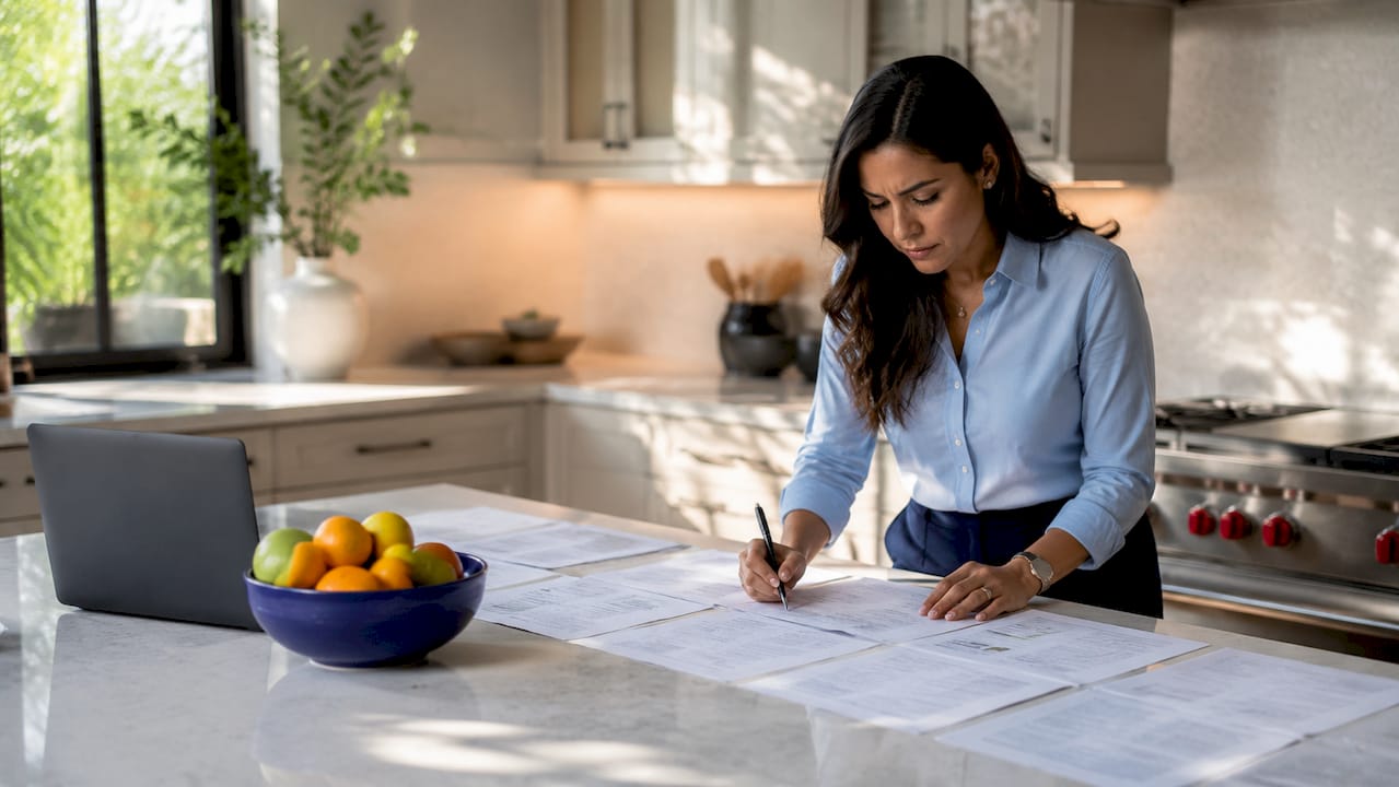 Woman analyzing printed contractor opportunity data