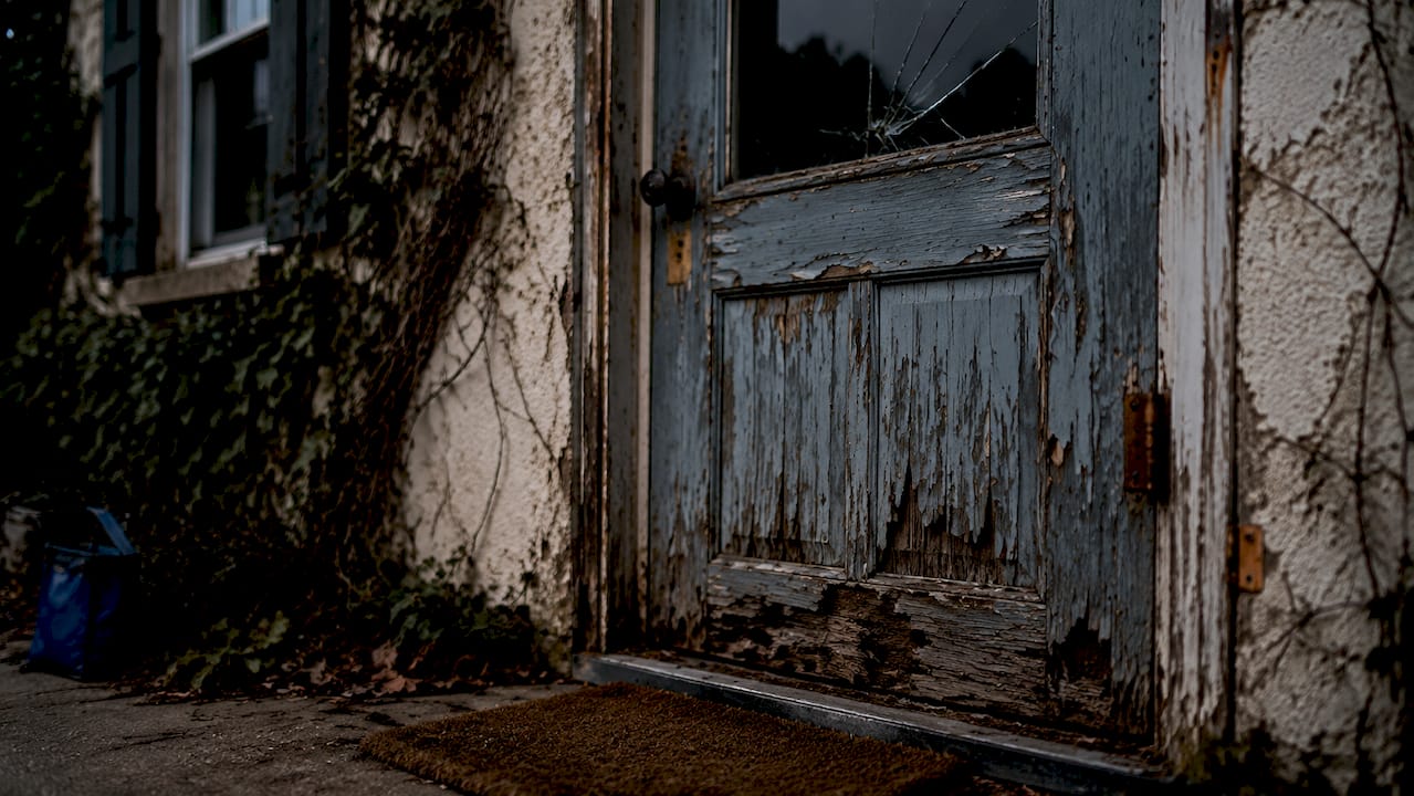 Suburban distressed home exterior with overgrown yard