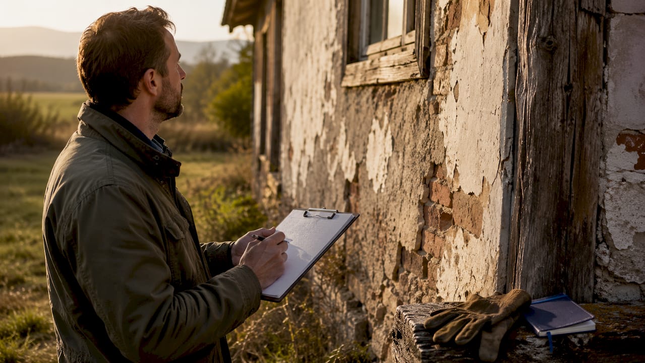 Appraiser inspecting damaged exterior wall