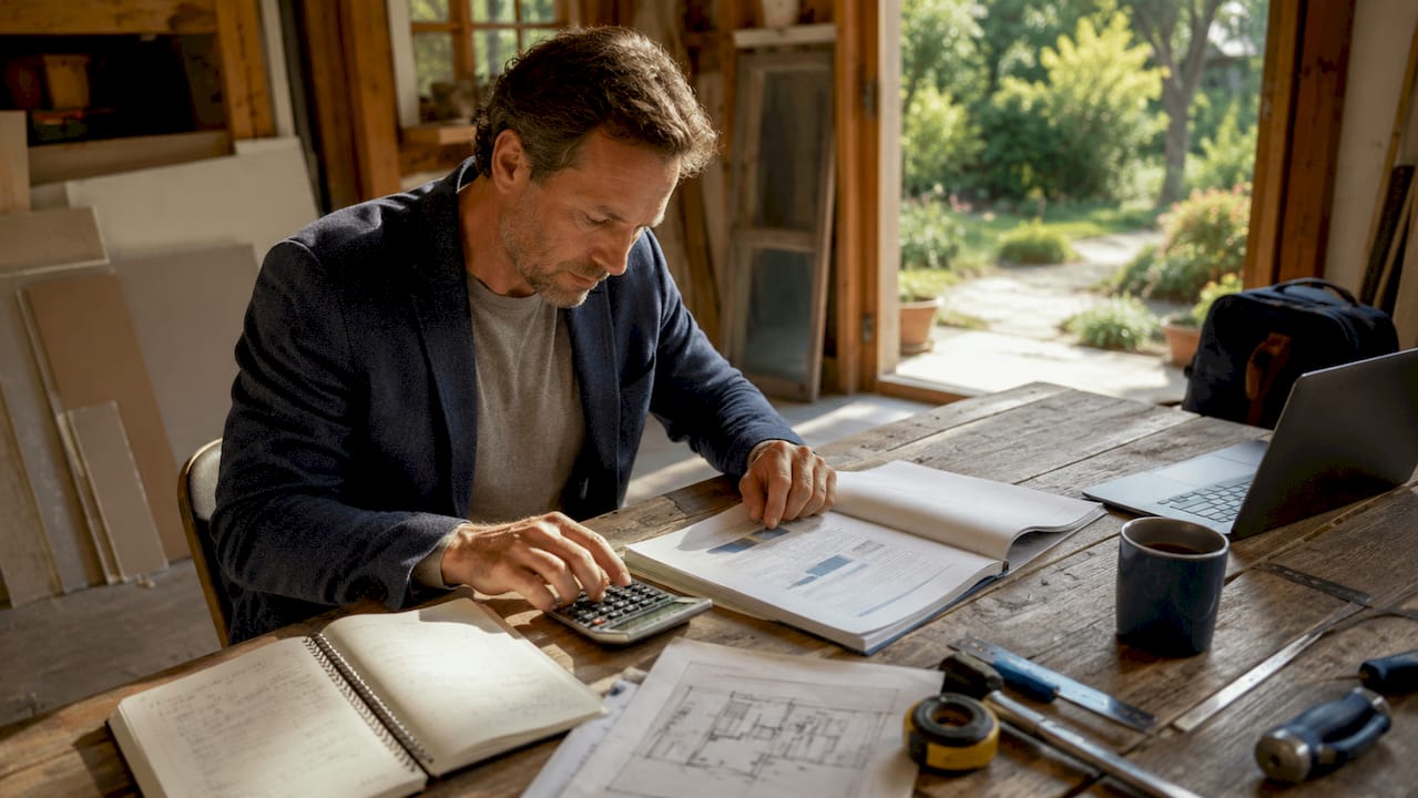 Investor calculating distressed property value in home
