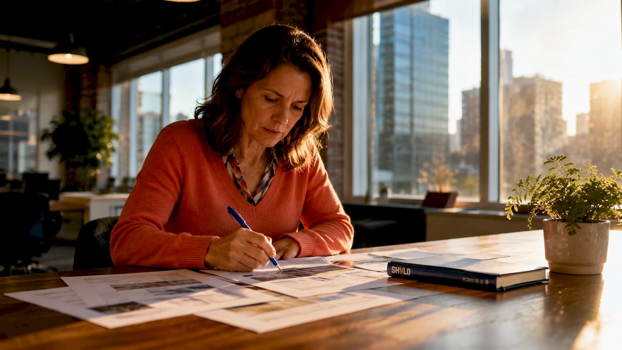 Investor reviewing distressed property data sheets