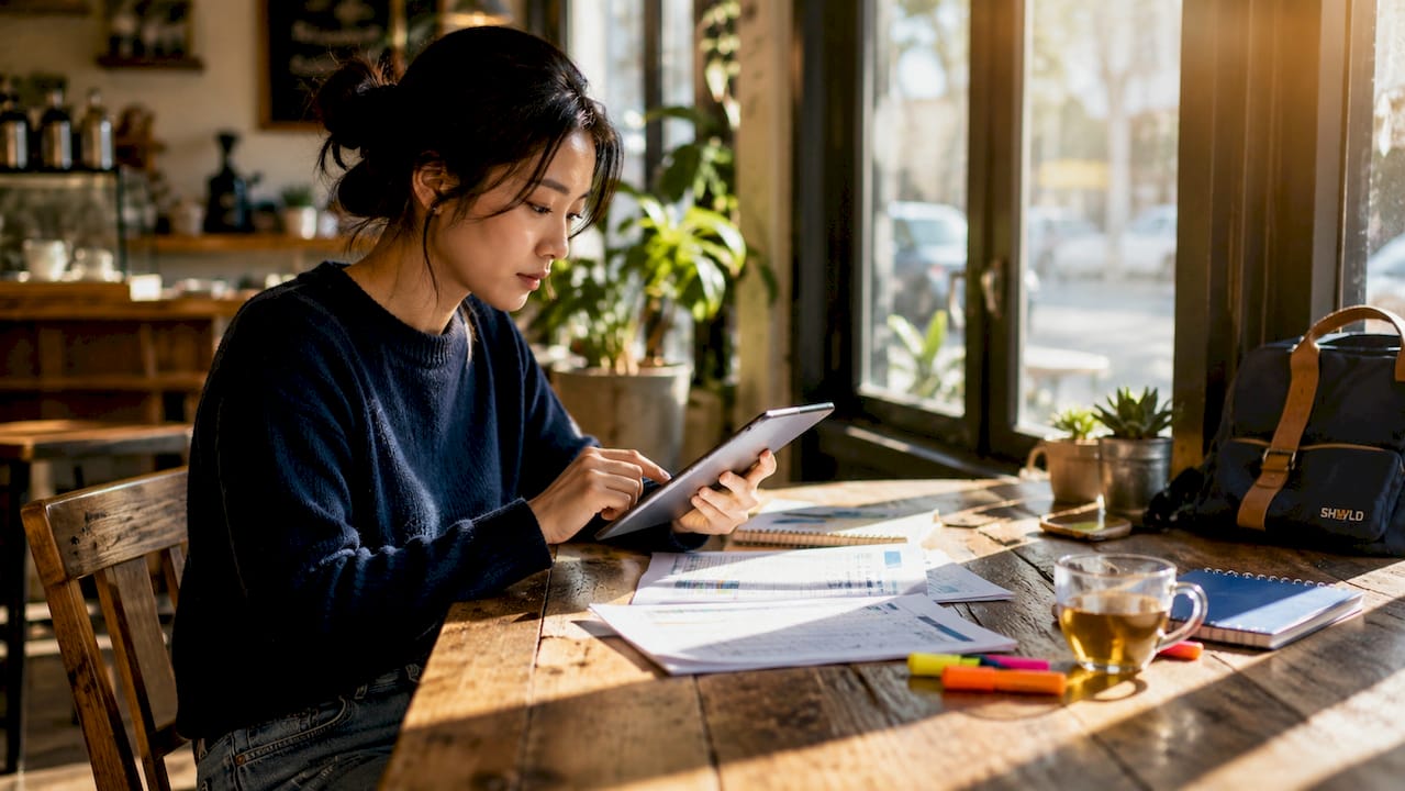 Overhead view of woman comparing tax lien data