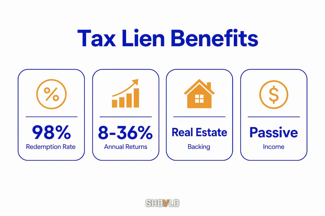 Infographic illustrating key benefits of tax lien investing