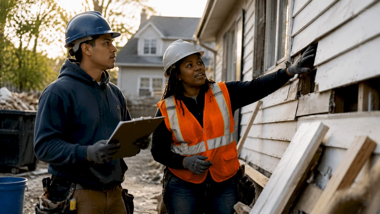 Contractor team inspecting foreclosed house exterior