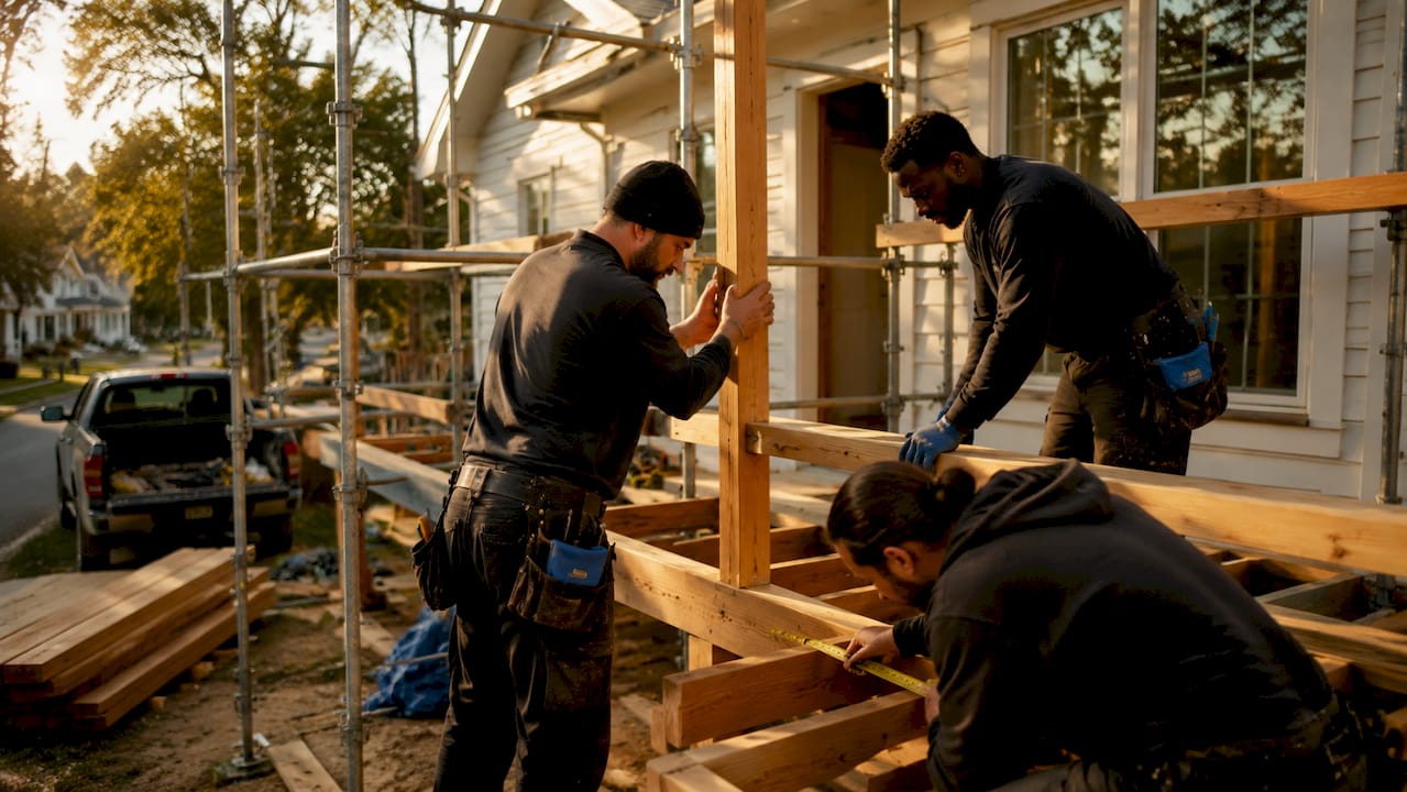 Construction workers repairing framed distressed property