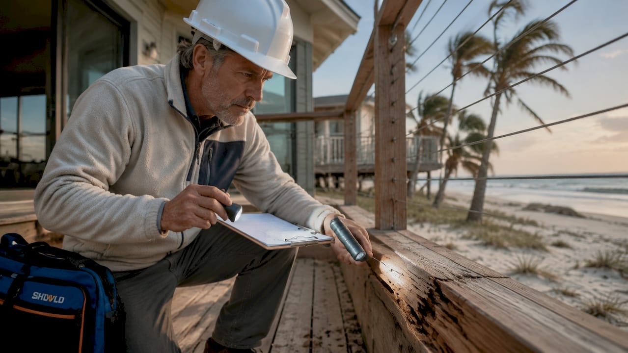 Home inspector checking structural damage outdoors