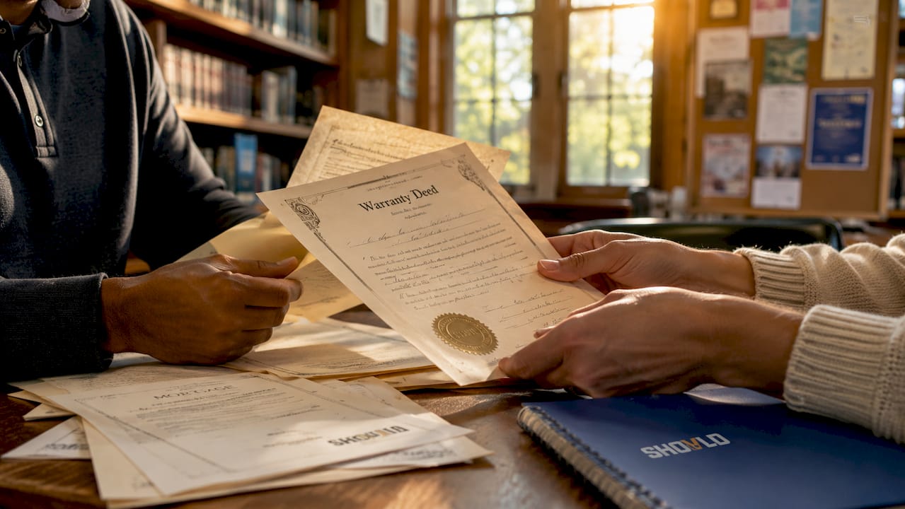 Hands reviewing property documents in records office
