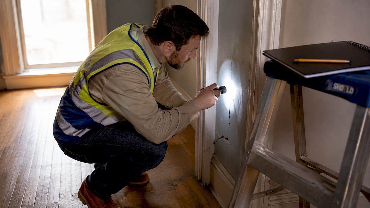 Inspector examining cracked drywall near doorframe