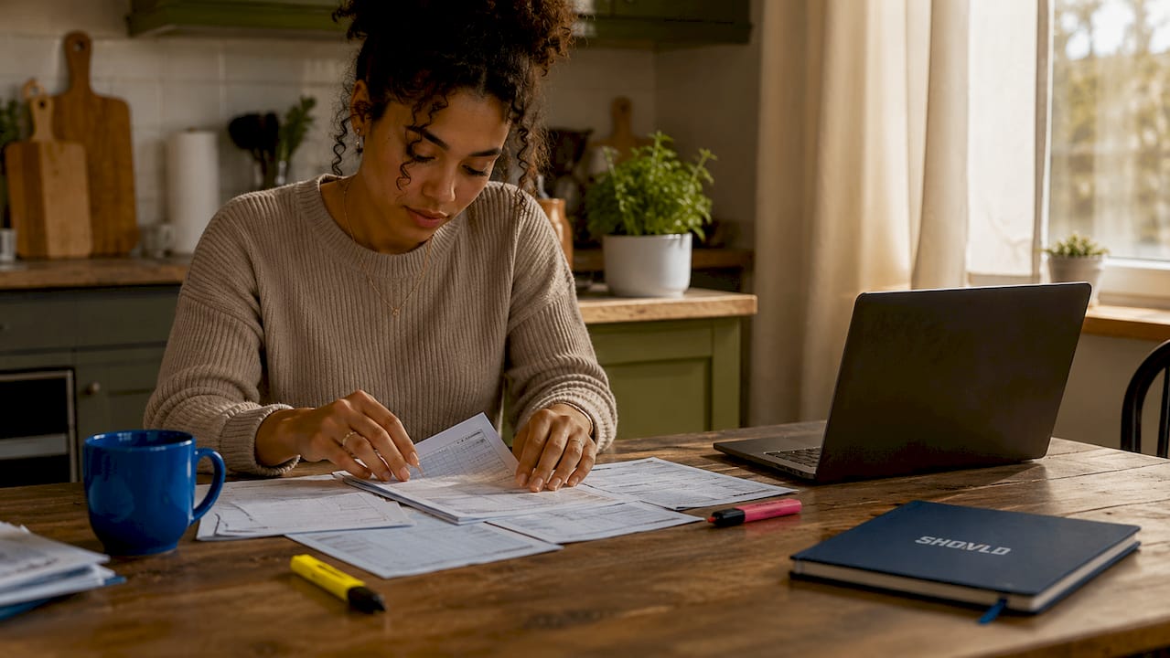Hands typing with financial documents on desk