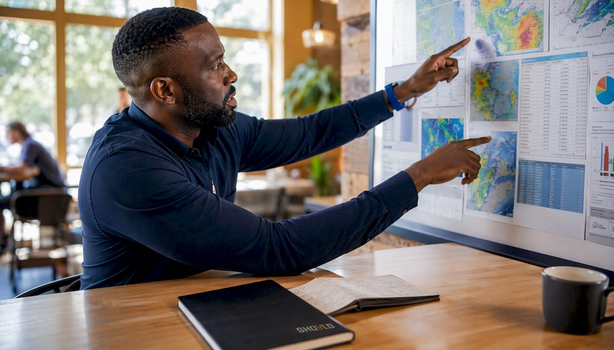 Hands pointing at permit and weather data sheets