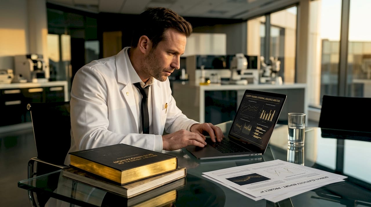 Scientist reviewing collagen research findings