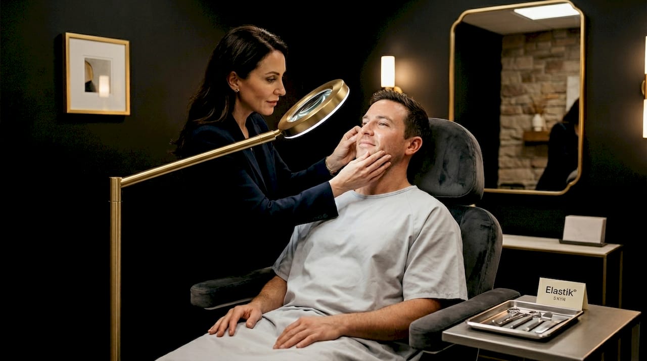 Dermatologist inspecting patient's facial skin
