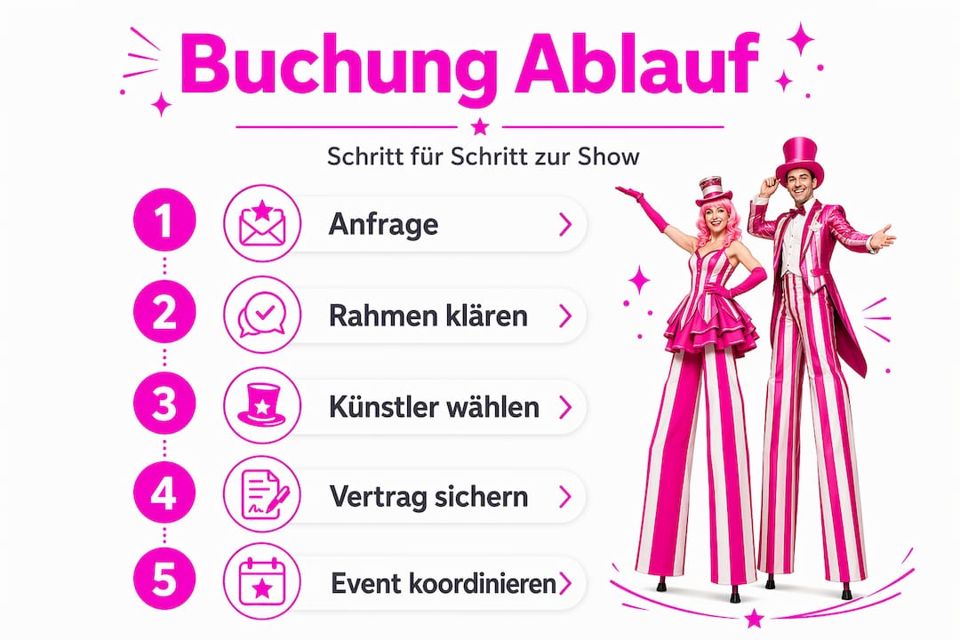 Ablauf der Buchung von Stelzenläufern – anschaulich erklärt als Infografik