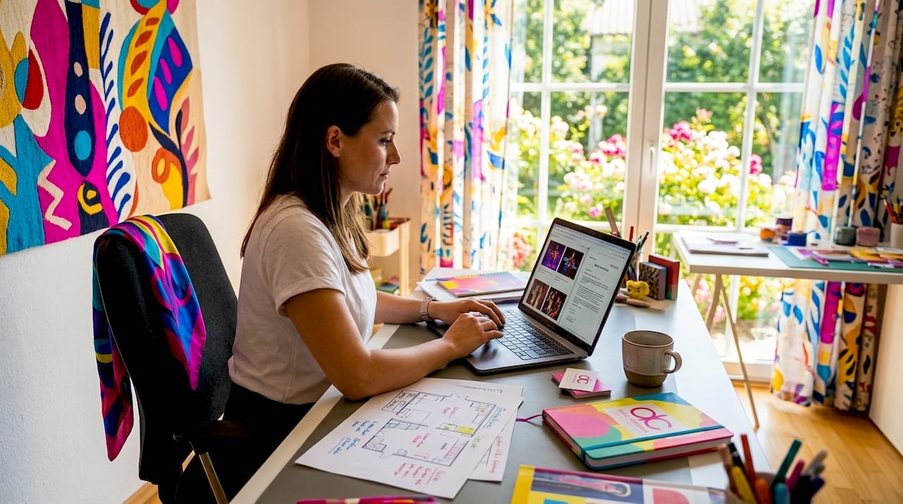 Eine Eventmanagerin sucht am Laptop nach passenden Künstlern für ihre Veranstaltung.