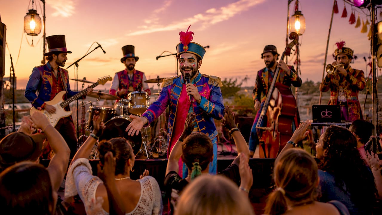 Eine Live-Band sorgt in passenden Kostümen für musikalische Unterhaltung und echtes Show-Feeling.