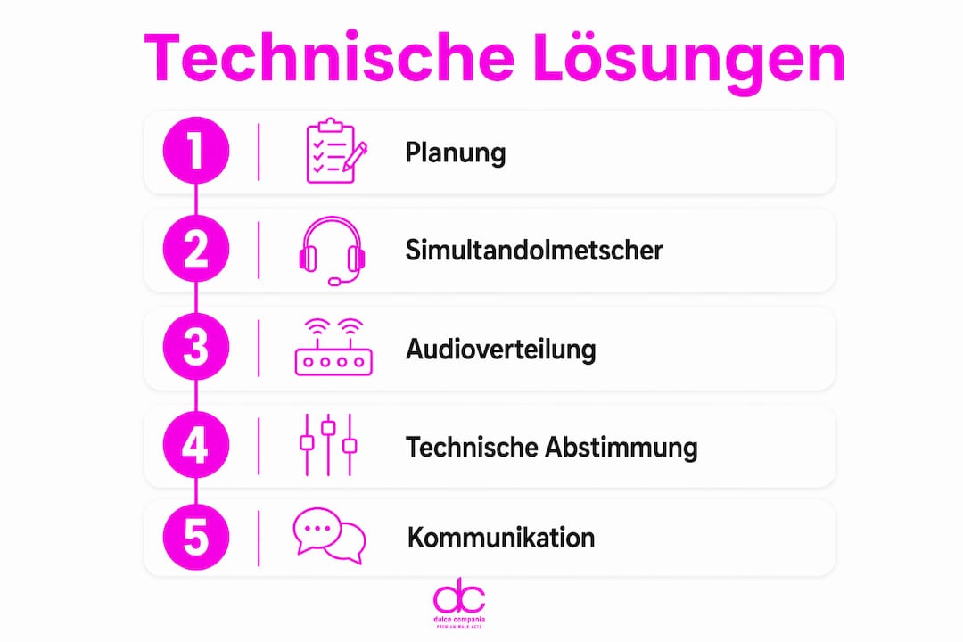 Diese Infografik veranschaulicht die wichtigsten technischen Abläufe für die Durchführung mehrsprachiger Veranstaltungen.