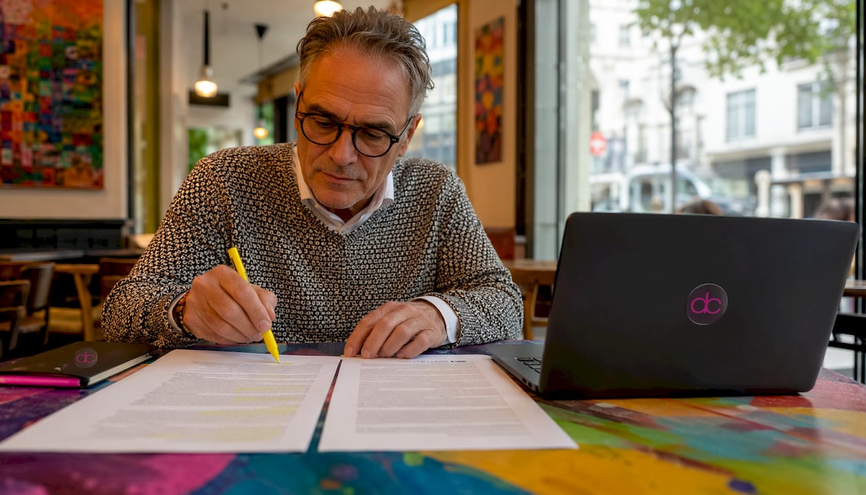 Ein Mann sitzt in seinem Arbeitszimmer und geht Werk- sowie Dienstverträge sorgfältig durch.
