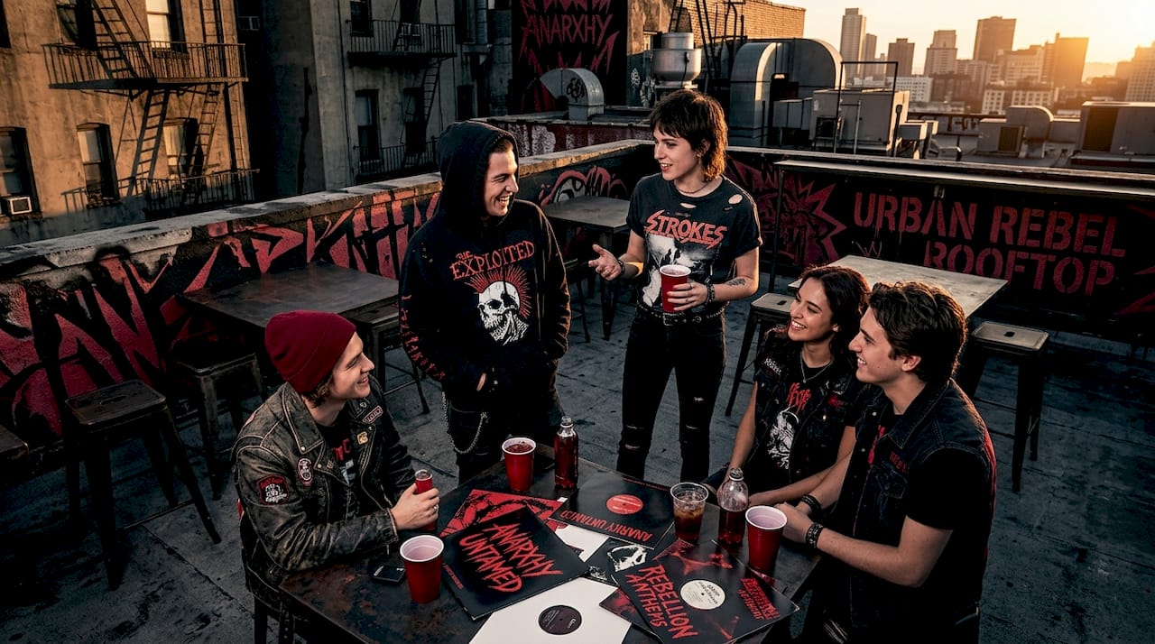 Friends in city park wearing band merch