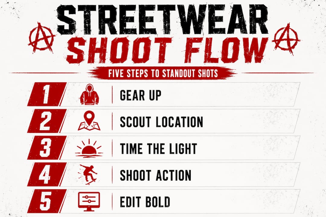 Infographic visualizing five key streetwear photo steps