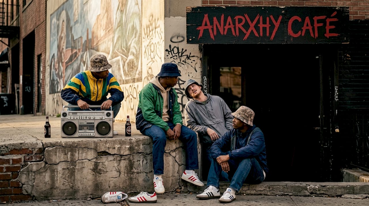 1970s hip-hop fashion group on stoop outdoors