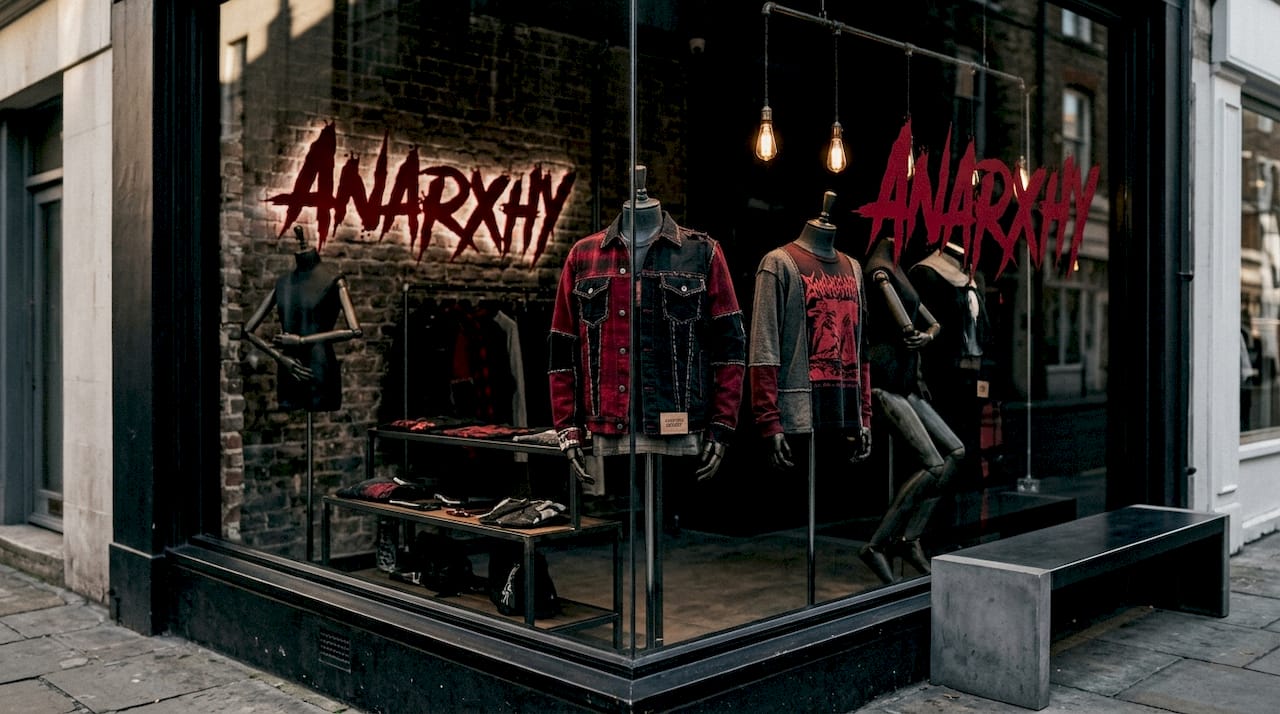 Luxury boutique window with upcycled streetwear