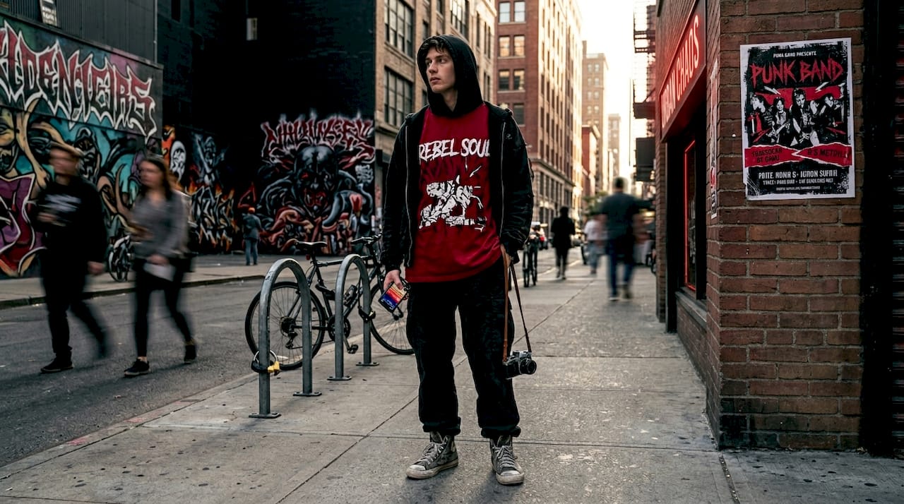 Young adult showcasing 2026 streetwear on city street