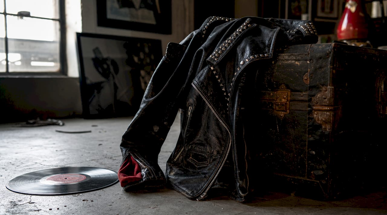 Close-up of worn leather moto jacket with studs