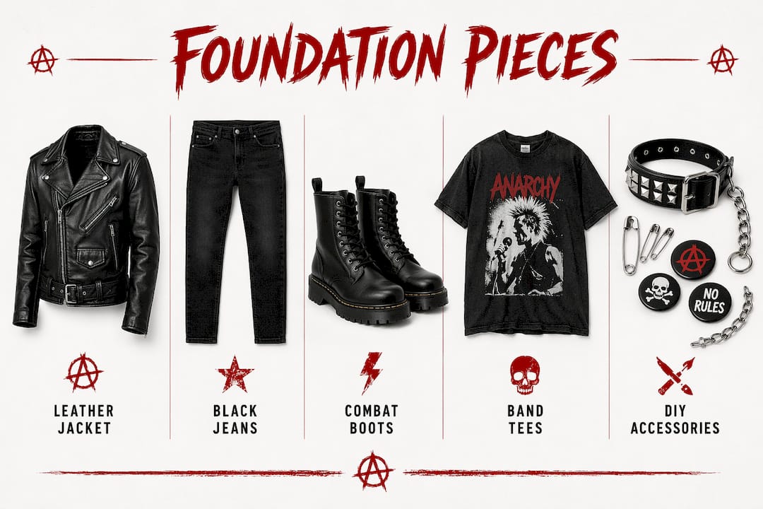 Infographic of punk streetwear foundational pieces in vertical flow