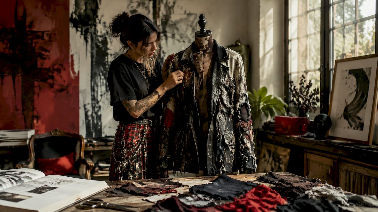 Stylist adjusting patchwork jacket on mannequin
