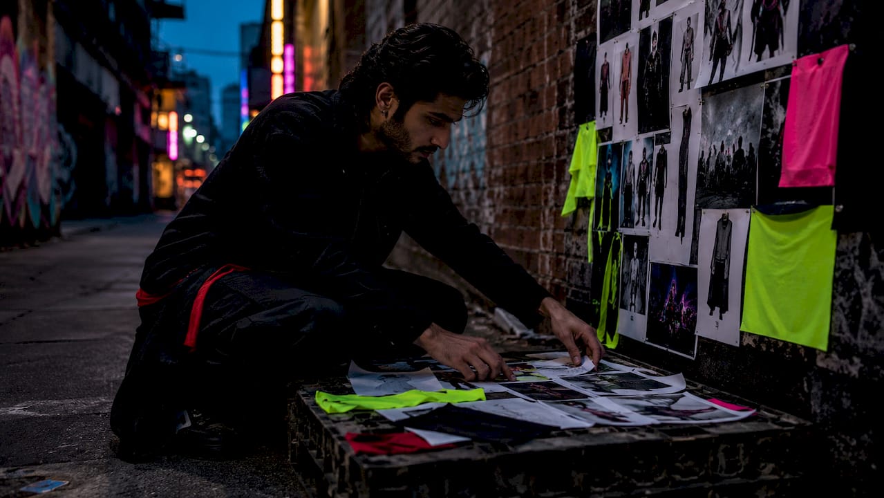 Designer reviewing rave fashion concepts at studio