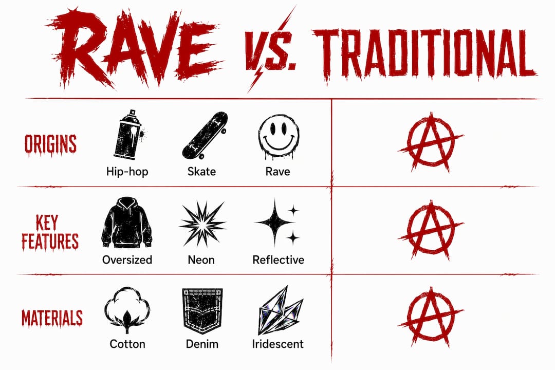 Infographic comparing rave and traditional streetwear styles