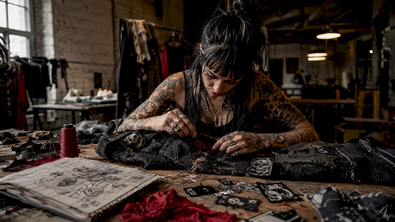 Close-up of punk fashion design workspace