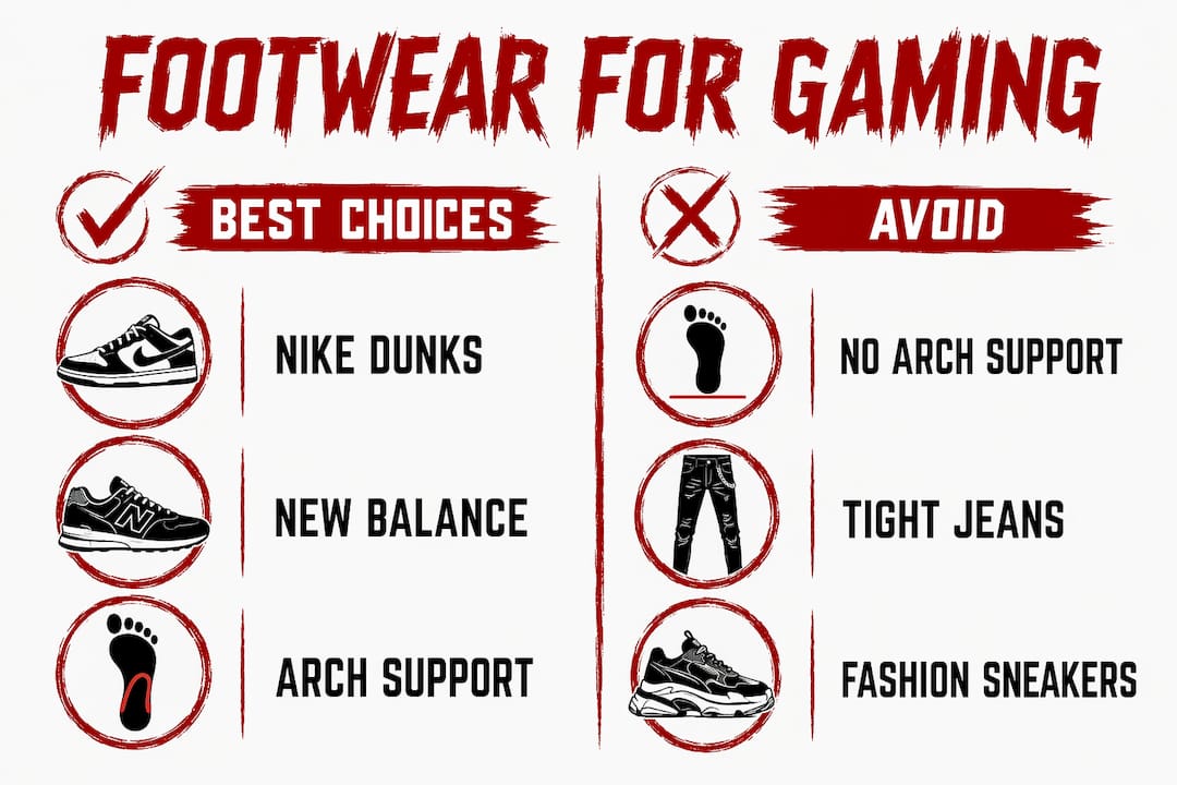 Infographic comparing best and worst footwear for gaming events