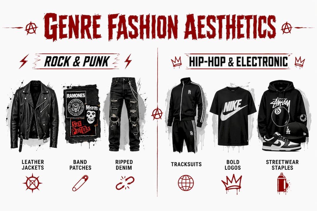 Infographic comparing rock punk and hip-hop electronic fashion