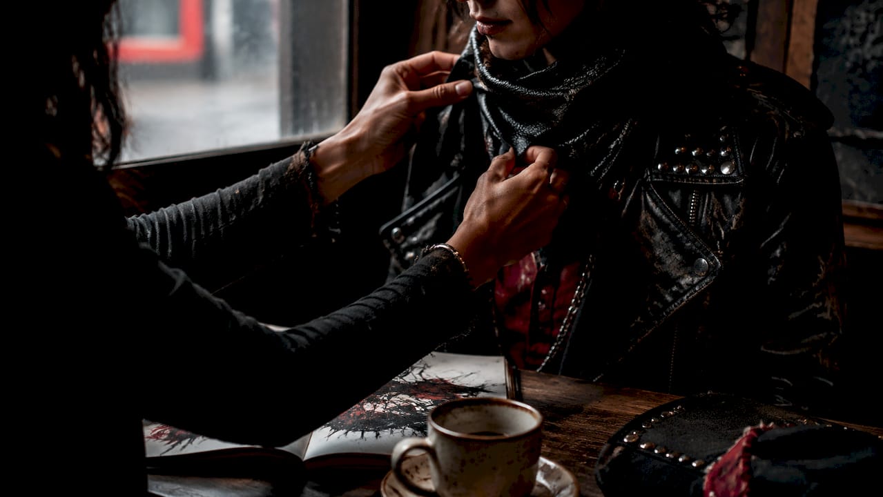 Hands adjusting textured scarf in casual outfit