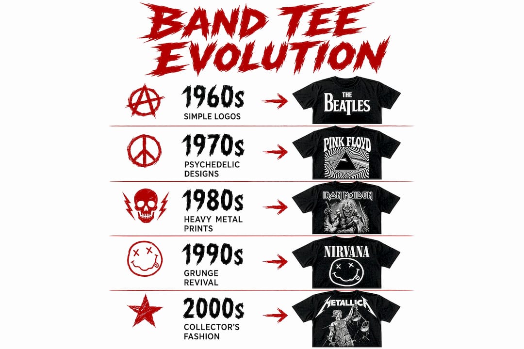 Infographic showing history of band tees evolution