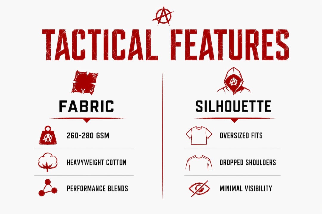Infographic comparing tactical streetwear fabric and silhouette