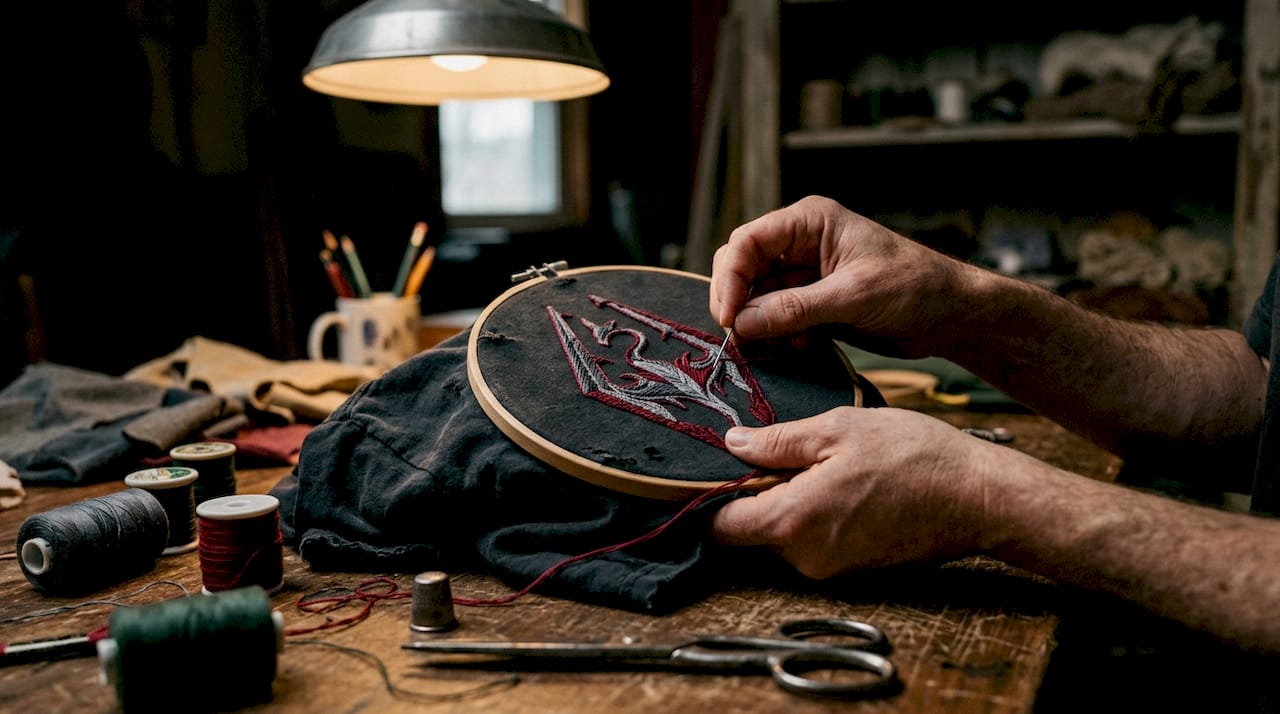 Hands embroidering gamer tee logo up close