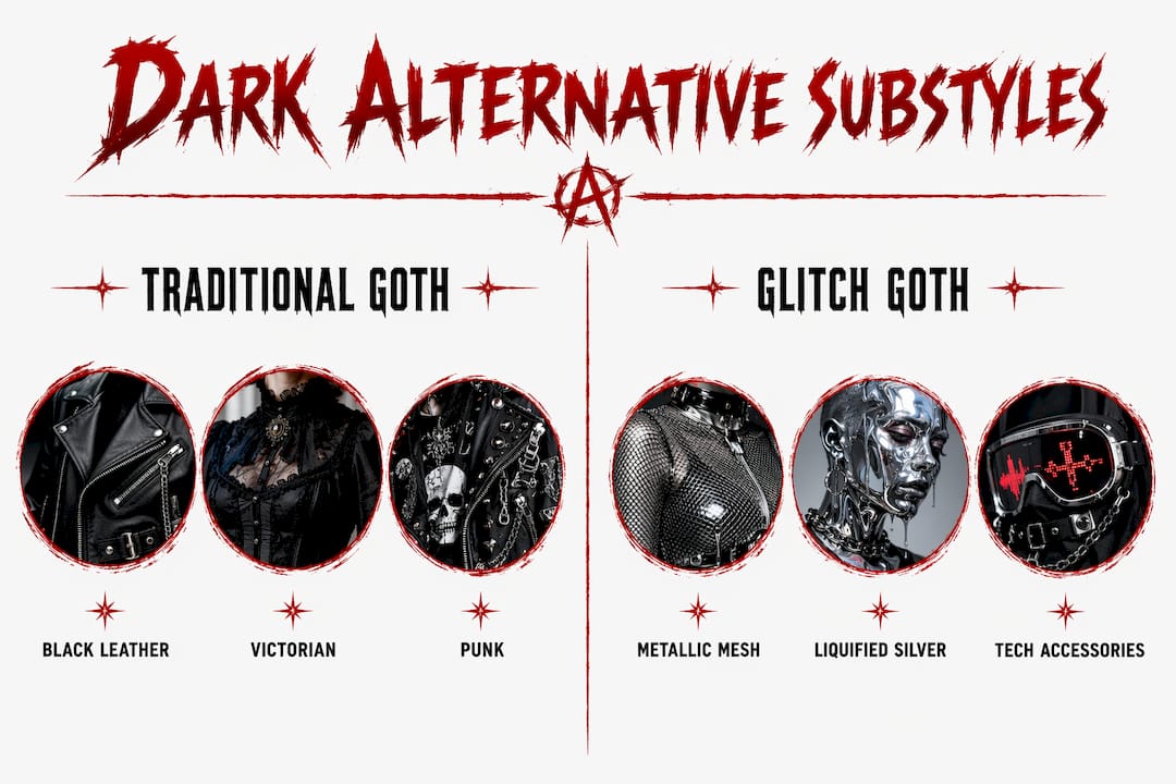 Infographic comparing traditional goth and glitch goth substyles