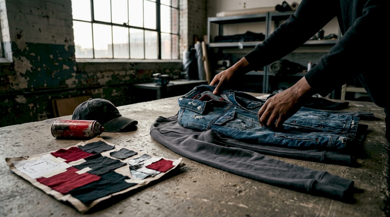 Hands layering streetwear garments on table