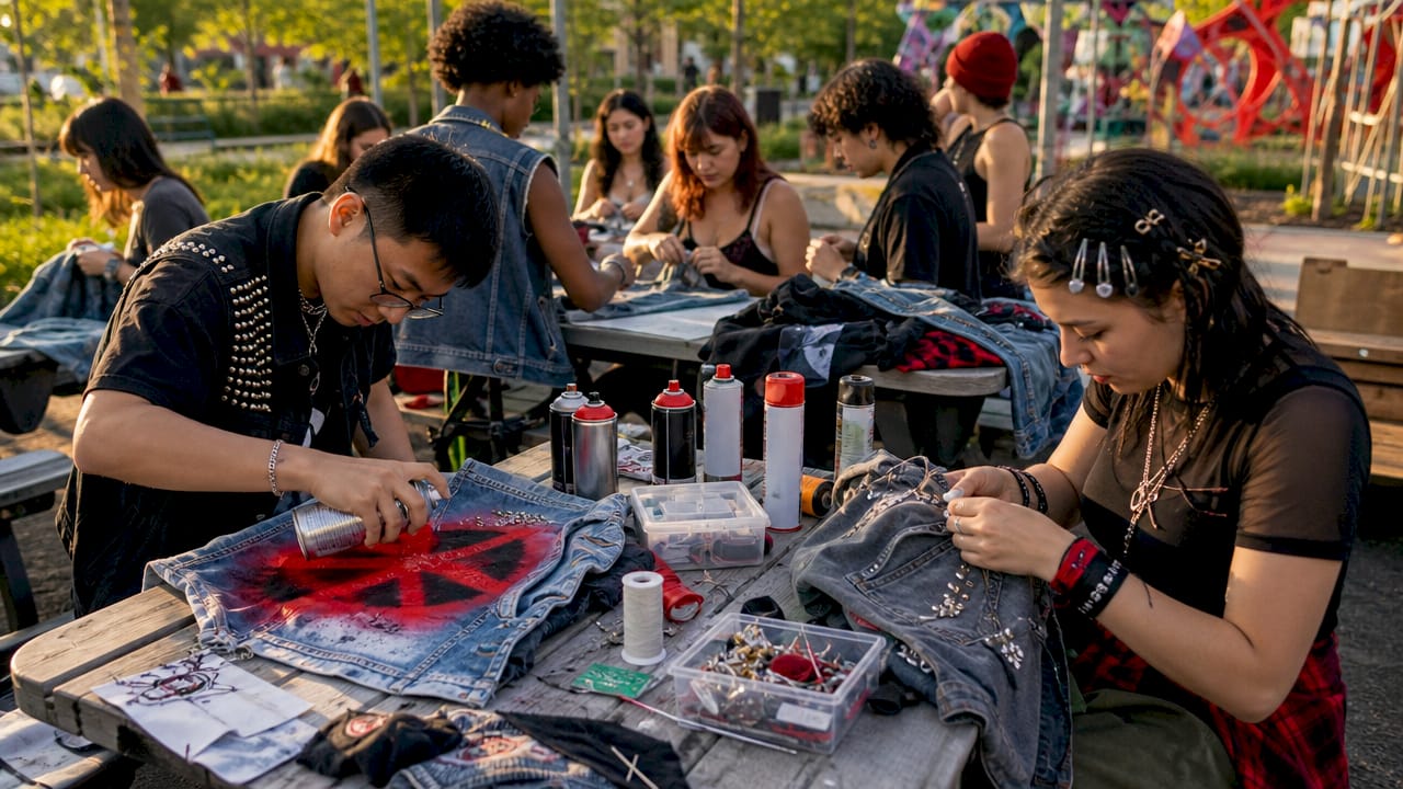 Gen Z customizing clothes together in studio