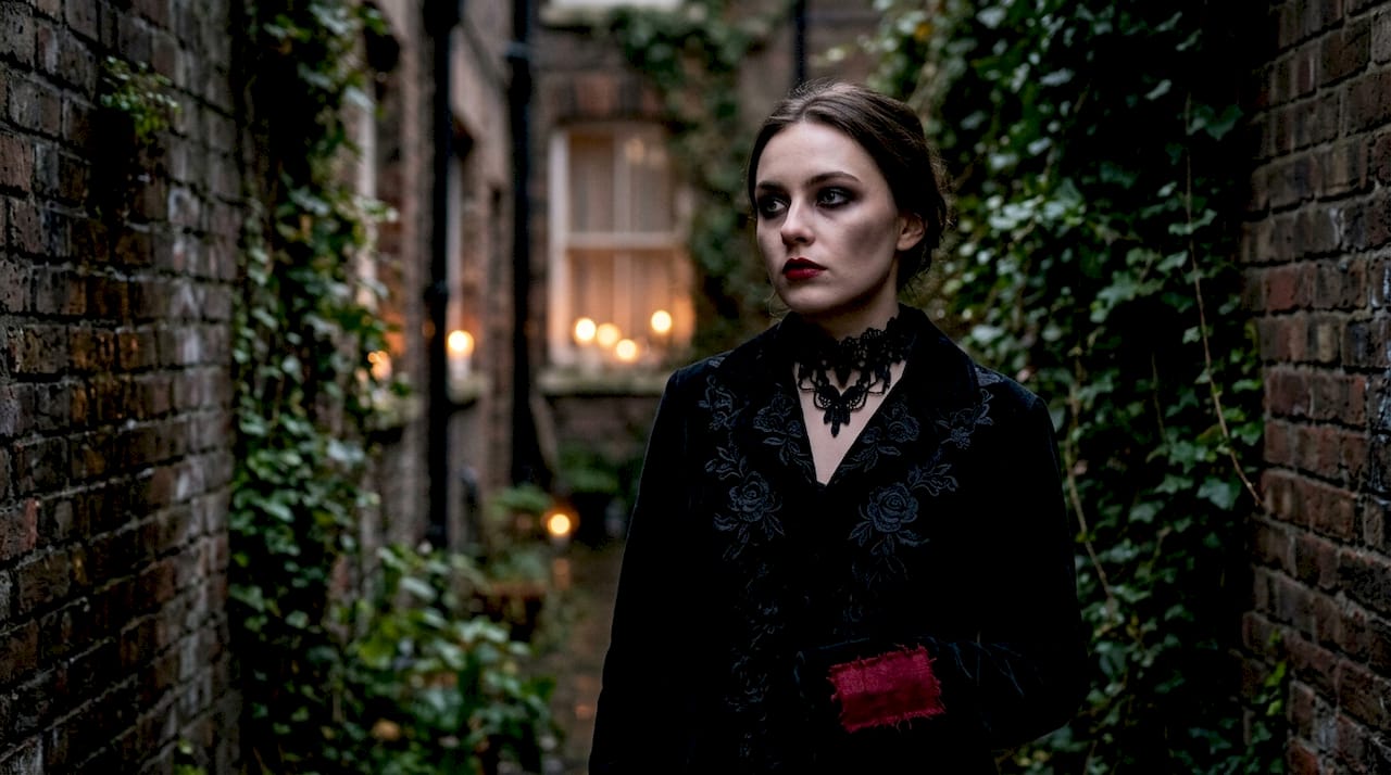 Close-up of woman in Victorian-inspired goth fashion