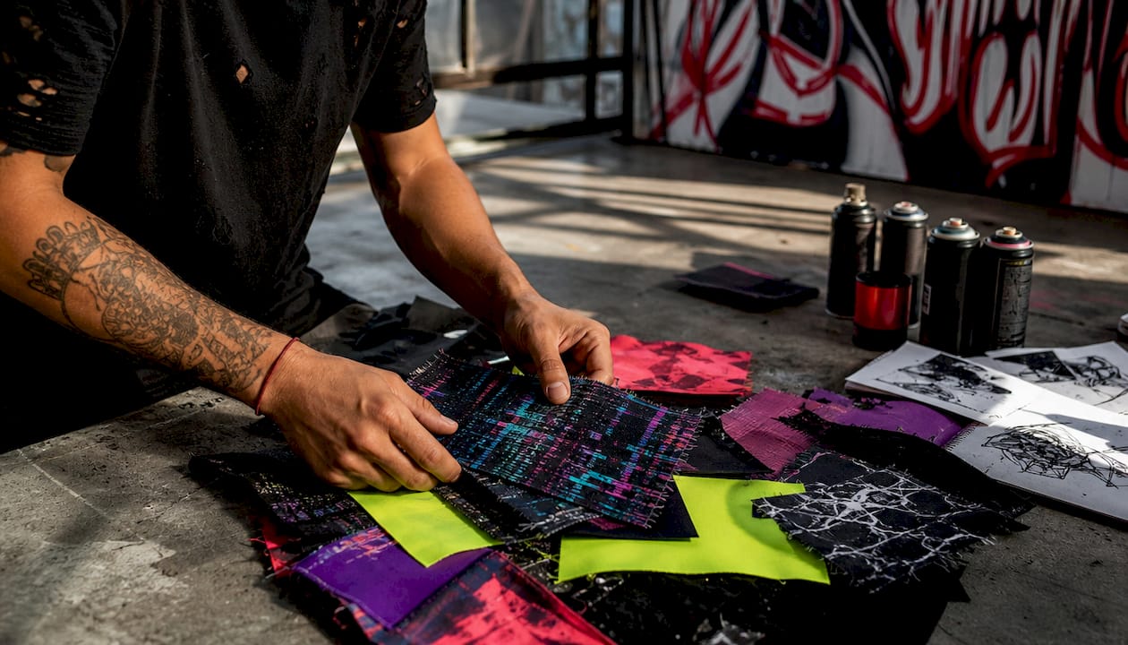 Hands arranging neon fabric swatches