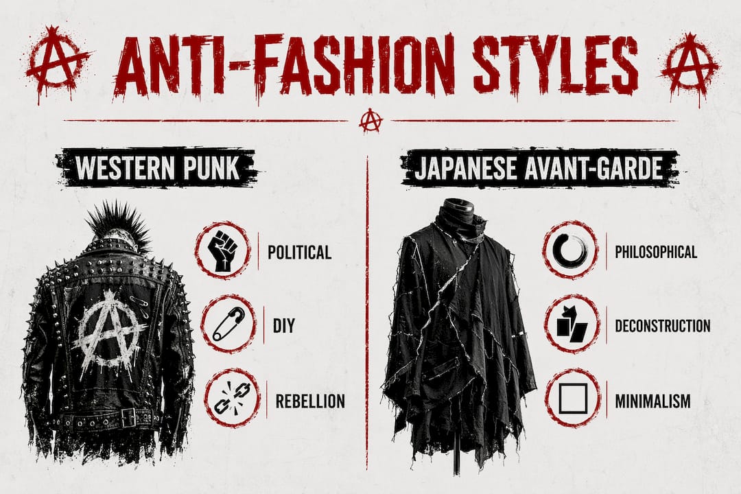 Infographic comparing Western Punk and Japanese Avant-Garde styles