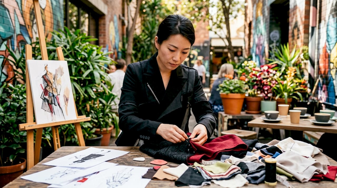 Designer working on Japanese avant-garde fashion in studio
