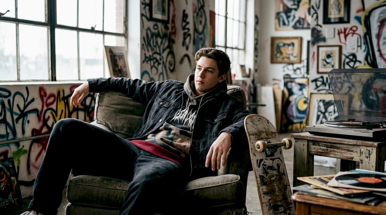 Man wearing layered oversized graphic hoodie and jacket