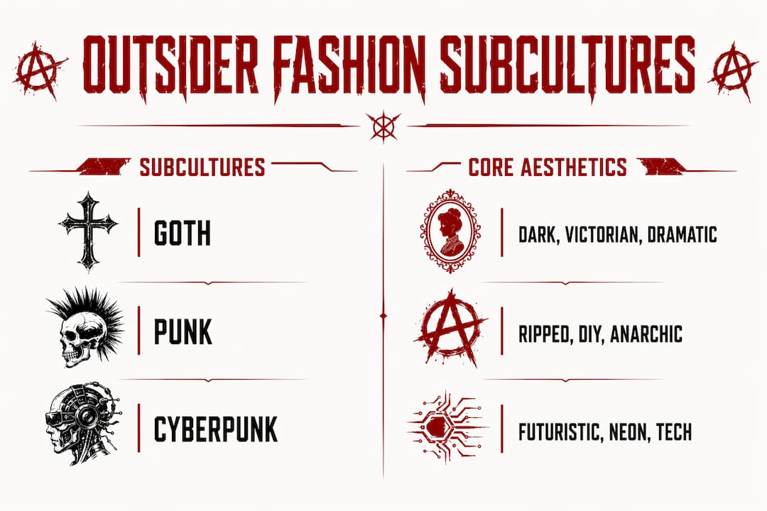 Infographic comparing outsider fashion subcultures and aesthetics
